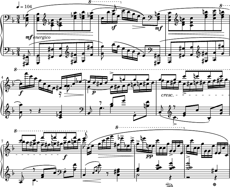 
%source : http://imslp.org/wiki/Special:ReverseLookup/779
\new PianoStaff <<
  \new Staff = "right" \relative c {
    \key f \major
    \numericTimeSignature
    \time 3/4
    \partial 8
    \tempo 4=104
    \clef bass
    <c ees a>8\(_\markup {\dynamic mf \italic energico}
    <c e bes'>\< \clef treble <c' es a><c e bes'><c' es a><c e bes'> \ottava #1 <c' es a>\!(
    << { s8 c'\sf } \\ { c,16 bes'g e } >> \ottava #0 c bes g\> e c8)\)\! \clef bass <d,, f b>(\mf
    <c f c'>\< \clef treble <d' f b> <c f c'> <d' f b> <c f c'> \ottava #1 <d' f b>\!
    c16)-.\f f' c a f c a f <<
      { fis a\> c es~
        es\! d\p cis d g8-> g! g g
        g[ g] c c! c c
        c[ c] f f! f f
        e
      }
      \\
      {
        r16 a,,8.
        g4~ g16 gis a bes b c cis d
        f\cresc e dis e c-> cis d! dis e f fis g
        bes a gis a f fis g gis\! a\f bes b d
        c8
      }
    >> \ottava #0
    c,,16\( e g\> c e g \ottava #1 fis es'-> es, c'\!->
    g-> e'! e,!\pp e c' c, c g' g,-> g e' e, \ottava #0
    e c' c, c g' g, g e' e, e c' c,\)
  }
  \new Staff = "left" {
    \clef bass \relative c,, {
      \key f \major
      \numericTimeSignature
      \time 3/4
      \partial 8
      <fis fis'>8(
      <g g'> <fis' fis'><g g'> \clef treble <fis' fis'><g g'><fis' fis'>
      <g g'>) bes'16[( g] e c bes g e8) \clef bass
      <gis,,, gis'>8(
      <a a'> <gis' gis'><a a'> \clef treble <gis' gis'><a a'><gis' gis'>
      <a a'>) r8 r4 <c, es a> \clef bass
      bes,8 << { r8 d'[ g]} \\ {s8 bes,4} \\ {\stemDown g4.} >> g,8-. <b' f'>
      c,8(-. \clef treble << {r <e' g>[ c']} \\ {c,4.->} >> bes8-.) <g' c>
      <<{a,8-.( r <f' a>[ c'])}\\{ s8 c,4.}>> \clef bass f,8-. <a f'>
      c,4\<( \grace { e8[ g] } e'\!-.) r8 <c, fis a>4
      <<
        {
          <g' bes>4 <bes c e> <bes c g'>
          <bes c g'>2-> gis4
        }
        \\
        {
          c,2 r4\sustainOn
          r2 r4\sustainOff
        }
      >>
    }
  }
>>
