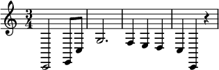 
\relative c, {  \time 3/4  c2 |e8 c' g'2.  f4 e d c4 c, r4 }
