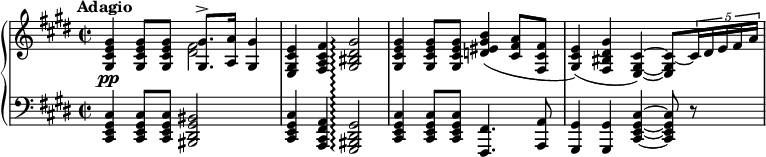 
  \new PianoStaff <<
    \set PianoStaff.connectArpeggios = ##t
    \new Staff {
      \set Score.tempoHideNote = ##t
      \tempo 8 = 69
      \set Staff.midiInstrument = #"piano"
      \set Score.currentBarNumber = #189
      ^\markup {  \translate #'(-4 . 0)
        \column {
          \line { \bold { Adagio } }
        }
      }
      \time 2/2 \key cis \minor
      \clef treble
      <gis cis' e' gis'>4\pp 8 8 << {<gis gis'>8.-> <a a'>16 <gis gis'>4} \\ {<dis' fis'>2} >>
      <e gis cis' e'>4 <fis a cis' fis'> <gis bis dis' gis'>2 \arpeggio
      <gis cis' e' gis'>4 8 8 <d' eis' gis' b'>4( <cis' fis' a'>8 <fis cis' fis'>8
      <gis cis' e'>4)( <fis bis dis' gis'> <e gis cis'>4) ~ <e gis cis'>8 ~ \tuplet 5/2 {cis'16 dis' e' fis' a'}
    } %% /new Staff
    \new Staff {
      \time 2/2 \key cis \minor
      \clef bass
      <cis, e, gis, cis>4 8 8 <bis,, dis, gis, bis,>2
      <cis, e, gis, cis>4 <a,, cis, fis, a,>4 <gis,, bis,, dis, gis,>2 \arpeggio
      <cis, e, gis, cis>4 8 8 <fis,, fis,>4. <a,, a,>8
      <gis,, gis,>4 4 <cis, e, gis, cis>4 ~ 8 r8
    } %% /new Staff
  >>
