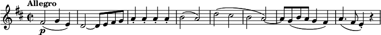 
\version "2.18.2"
\relative c'' {
  \key d \major
  \time 2/2
  \tempo "Allegro "
  \tempo 4 = 240
  fis,2\p (g4 e)
  d2 ~ d8 e fis g
  a4-. a-. a-. a-.
  b2 (a)
  d (cis
  b a)
  ~ a8 g (b a g4 fis)
  a4. (fis8 e4-.) r
}
