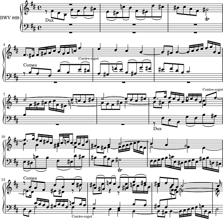 
\version "2.18.2"
\header {
  tagline = ##f
}

TrillgisB   = { \tag #'print { gis2\trill } \tag #'midi { gis16 a gis32 a gis a gis a gis16~ gis16 fis32 gis }  }

DuxNotes    = { r8 fis8 d b g'( fis) b( ais) | e( dis) c'( b) fis( eis) d'( cis) bis cis a fis \TrillgisB }
Dux         = { s8*0-\markup{Dux} \DuxNotes }
Comes       = { r8-\markup{Comes} b8 a fis d'( b) e( dis) | a( gis) f'( e) b( ais) g'( fis) eis fis d b cis2~  }

TeteCS      = { eis16 fis gis a cis b gis a c }
ContreSujet = { fis4-\markup{\tiny "Contre-sujet"} e d cis b_~ b8 ais b4_~  }
CodaCS      = { b16 cis d e fis g b, ais d2^~ }
CodaCSFin      = { b16 cis d e fis g b, ais d2*1/8^~ }
CSComplet   = { \TeteCS \ContreSujet \CodaCS }

upper = \relative c' {
  \tempo "Largo"
  \clef treble 
  \key b \minor
  \time 4/4
  \tempo 4 = 54
  \set Staff.midiInstrument = #"harpsichord" 

   %% FUGUE CBT I-24, BWV 869, si mineur 
   << { R1 s1*11 \relative c'' { \Comes cis16 } } \\ {  \Dux \stemUp fis8. \CSComplet d8 c b dis e2^~ e8 d cis eis fis8. g16 fis e d b cis e d b fis8 fis'~ fis8. g16 fis e dis cis b cis32 d cis8~ cis16 b a d gis,4  a b2^~ b4 a g2 | \stemDown \shiftOn fis  eis8 dis r8 dis' | dis e r4 r8 e8 d16 cis d b | cis4 b8 fis g2~ g8 } >> 

}

lower = \relative c' {
  \clef bass 
  \key b \minor
  \time 4/4
  \set Staff.midiInstrument = #"harpsichord" 
    
   << { R1*3 \Comes  b16 \stemDown \change Staff = "upper" fis' gis ais b cis fis, eis a2_~ | a8 g fis ais b2_~ b8 ais b4 e4\rest \transpose fis cis \relative c'' { \ContreSujet } fis,16 gis a b cis d fis, eis fis2_~ fis4 e4_~ e8. d16 \stemUp \crossStaff \change Staff = "lower" cis16 b a fis gis b a fis c'8 b16 a b2 e,4 b'8 a gis fis  \stemDown \change Staff = "upper"   fis'8 d e2~ e8 } \\ { R1*8 \relative c { \Dux fis16 fis g a b c e, dis e fis g e ais b d, cis! | d8 b fis'2 \ContreSujet \CodaCSFin } } >> 
    
} 


 thePianoStaff = \new PianoStaff <<
    \set PianoStaff.instrumentName = #"BWV 869"
    \new Staff = "upper" \upper
    \new Staff = "lower" \lower
  >>

\score {
  \keepWithTag #'print \thePianoStaff
  \layout {
    \context {
      \Score
      \remove "Metronome_mark_engraver"
      \override SpacingSpanner.common-shortest-duration = #(ly:make-moment 1/2) 
    }
  }
}

\score {
  \keepWithTag #'midi \thePianoStaff
  \midi { }
}
