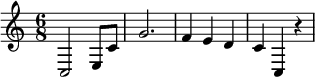 
\relative c {  \time 6/8   c2 |e8 c' g'2.  f4 e d c4 c, r4 }
