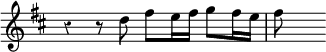 
{ \override Score.TimeSignature #'stencil = ##f \override Score.Rest #'style = #'classical \time 4/4 \key d \major \relative d'' { r4 r8 d fis e16 fis g8 fis16 e | fis8 s } }
