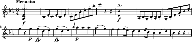 
\version "2.14.2"
 \relative c' {
         \clef "treble" 
         \tempo "Menuetto"
         \key ees \major
         \time 3/4 
         \tempo 4 = 170
     <<{<g ees'>4\f s2 } \\ { \stemUp ees''2.}>>
     bes,8-. ees-. c-. ees-. bes-. ees-.
    \stemDown  c-. ees-. aes-. c-. ees-. aes-.
     c4 r4 r4
     <<{<d,, bes'>4\f s2 } \\ { \stemUp bes''2.}>>
      \stemUp aes,,8-. bes-. g-. bes-. aes-. bes-.
    g-. bes-. ees-. g-. bes-. ees-.
    \stemDown g4 r4 g\p
     g\fp (d es)
     g\fp (d es)
    \grace bes'16 (aes4)-.\p aes-. aes-.
     aes2 (g4)
     f f g8 (ees)
     d4 d ees8 (c)
     bes4-! bes (d)
     bes r4 r4   \bar ":|."
 }
