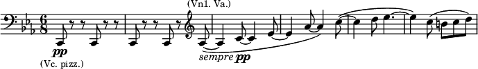 \relative c, {\clef bass \time 6/8 \key c \minor c8\pp_\markup{\right-align \smaller {(Vc. pizz.)}} r r c r r c r r c r \clef treble as''~(^\markup{\center-align \smaller {(Vn1. Va.)}}_\markup{\italic sempre \dynamic pp} as4 c8~ c4 es8~ es4 as8~ as4) c8~( c4 d8 es4.~ es4) c8( b c d)}