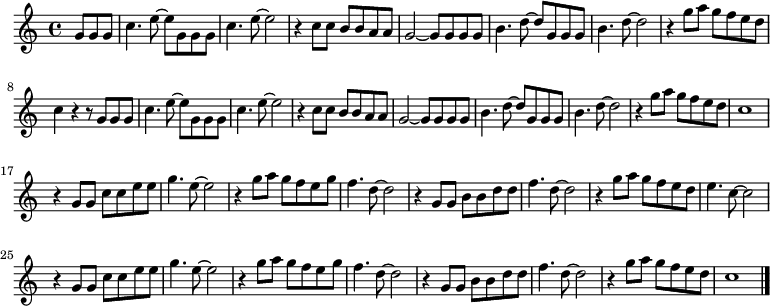 
\new Staff {
  \relative c'' {
    \key c \major
    \time 4/4
    \partial 4.
    g8 g g
    c4. e8~ e g, g g \noBreak
    c4. e8~ e2 \noBreak
    r4 c8 c b b a a \noBreak
    g2~ g8 g g g \noBreak
    b4. d8~ d g, g g \noBreak
    b4. d8~ d2 \noBreak
    r4 g8 a g f e d \break

    c4 r r8 g g g \noBreak
    c4. e8~ e g, g g \noBreak
    c4. e8~ e2 \noBreak
    r4 c8 c b b a a \noBreak
    g2~ g8 g g g \noBreak
    b4. d8~ d g, g g \noBreak
    b4. d8~ d2 \noBreak
    r4 g8 a g f e d \noBreak
    c1  \break

    r4 g8 g c c e e \noBreak
    g4. e8~ e2 \noBreak
    r4 g8 a g f e g \noBreak
    f4. d8~ d2 \noBreak
    r4 g,8 g b b d d \noBreak
    f4. d8~ d2 \noBreak
    r4 g8 a g f e d \noBreak
    e4. c8~ c2 \break

    r4 g8 g c c e e \noBreak
    g4. e8~ e2 \noBreak
    r4 g8 a g f e g \noBreak
    f4. d8~ d2 \noBreak
    r4 g,8 g b b d d \noBreak
    f4. d8~ d2 \noBreak
    r4 g8 a g f e d \noBreak
    c1 \bar "|."
  }
}
