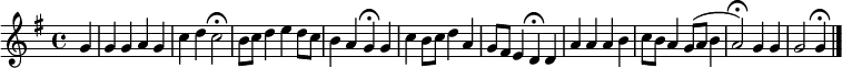  
{ 
\clef treble \key g \major \tempo 4=80 \set Staff.midiInstrument = "english horn" {
      \set Score.tempoHideNote = ##t
      \override Score.BarNumber  #'transparent = ##t 
      \time 4/4
      \relative
      { \partial 4 g' g4 g a g c4 d c2 \fermata b8 c d4 e d8 c b4 a g \fermata g c b8 c d4 a g8 fis e4 d \fermata d a' a a b c8 b a4 g8 (a b4 a2) \fermata g4 g g2 g4 \fermata \bar "|."}
    }
  }
