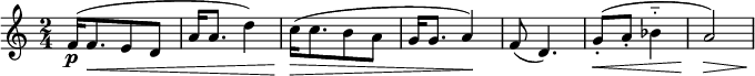 
\relative c' {  \new Staff { \key a \minor \time 2/4 \numericTimeSignature 
   [ f16-\p( f8.\< e8 d ] | a'16 a8. d4) | [ c16\>( c8. b8 a ] | g16 g8. a4\!) | f8( d4.)| g8-.(\< a-. bes4-_ | a2\>) |\! }}
