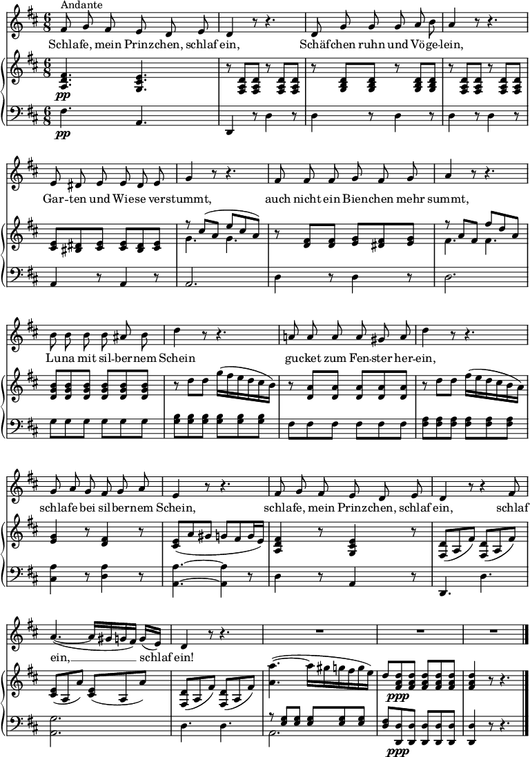 
\header { tagline = ##f }
\layout { indent = 0\cm \context { \Score \remove "Bar_number_engraver" } }

global = {
  \key d \major
  \time 6/8
% \tempo "Andante"
}

sopranoVoice = \relative c'' { \set Score.tempoHideNote = ##t \tempo 4. = 52
  \global
  \dynamicUp \autoBeamOff
  fis,8^"Andante" g fis e d e | d4 r8 r4. |
  d8 g g g a b | a4 r8 r4. |
  e8 dis e e dis e | g4 r8 r4. |
  fis8 fis fis g fis g | a4 r8 r4. |
  b8 b b b ais b | d4 r8 r4. |
  a!8 a a a gis a | d4 r8 r4. |
  g,8 a g fis g a | e4 r8 r4. |
  fis8 g fis e d e | \tempo 4. = 48 d4 r8 r4 fis8 |
  a4.~ (a16 [gis g fis]) g ([e]) | \tempo 4. = 52 d4 r8 r4. | R2.*3 | \bar "|."
}

verse = \lyricmode {
  Schla -- fe, mein Prinz -- chen, schlaf ein,
  Schäf -- chen ruhn und Vö -- ge -- lein,
  Gar -- ten und Wie -- se ver -- stummt,
  auch nicht ein Bien -- chen mehr summt,
  Lu -- na mit sil -- ber -- nem Schein
  gu -- cket zum Fen -- ster her -- ein,
  schla -- fe bei sil -- ber -- nem Schein,
  schla -- fe, mein Prinz -- chen, schlaf ein,
  schlaf ein, __ schlaf ein!
}

rightOne = \relative c'' {
  \global
  <a, d fis>4.\pp <g cis e> | r8 <fis a d>8 <fis a d> r8 <fis a d> <fis a d> |
  r <g b d> <g b d> r8 <g b d> <g b d> | r8 <fis a d> <fis a d> r8 <fis a d> <fis a d> |
  <cis' e> <bis dis> <cis e> <cis e> <bis dis> <cis e> | r8 cis' (a e' cis a) |
  r8 <d, fis> <d fis> <e g> <dis fis> <e g> | r8 a fis fis' d a |
  <d, g b> <d g b> <d g b> <d g b> <d g b> <d g b> | r8 \stemDown d' d g16 (fis e d cis b) |
  r8 \stemNeutral <d, a'> <d a'> <d a'> <d a'> <d a'> | r8 d' d fis16 (e d cis b a) |
  <e g>4 r8 <d fis>4 r8 | \slurDown <e cis> (a gis g fis g16 e) |<a, d fis>4 r8 <g cis e>4 r8 |
  <fis d'> (a fis') <fis, d'> (a fis') | <cis e> (a a') <cis, e> (a a') | <fis, d'> (a fis') <fis, d'> (a fis') |
  \slurUp <a a'>4.~ (a'16 gis g fis g e) | d8 <d a fis>\ppp <d a fis> <d a fis> <d a fis> <d a fis> | <d a fis>4 r8 r4. |
}

rightTwo = \relative c'' {
  \global
  s4. s4. | r8 s4 r8 s4 | r8 s4 r8 s4 | r8 s4 r8 s4 | s4. s4. g4. g4. |
  r8 s4 s4. | fis4. fis4. | s4. s4. | r8 s4 s4. | r8 s4 s4. | r8 s4 s4. | s4 r8 s4 r8 |
  s2. | s4 r8 s4 r8 | s2. | s2. | s2. | s2. | s2. | s4 r8 r4. |
}

leftOne = \relative c {
  \global
  \stemNeutral fis4.\pp a, | d,4 r8 d'4 r8 | d4 r8 d4 r8 | d4 r8 d4 r8 |
  a4 r8 a4 r8 | a2. | d4 r8 d4 r8 | d2. |
  g8 g g g g g | <b g> <b g> <b g> <b g> <b g> <b g> |
  fis fis fis fis fis fis | <a fis> <a fis> <a fis> <a fis> <a fis> <a fis> |
  <a cis,>4 r8 <a d,>4 r8 | <a a,>4.~ <a a,>4 r8 | d,4 r8 a4 r8 | d,4. d'4. |
  <g a,>2. | d4. d4. | r8 \stemUp <g e> <g e> <g e> <g e> <g e> | <fis d> <d d,>\ppp <d d,> <d d,> <d d,> <d d,> | <d d,>4 r8 r4. |
}

leftTwo = \relative c' {
  \global
  s2. | s4 r8 s4 r8 | s4 r8 s4 r8 | s4 r8 s4 r8 |
  s4 r8 s4 r8 | s2. | s4 r8 s4 r8 | s2. | s2. | s2. | s2. | s2. |
  s4 r8 s4 r8 | s4. s4 r8 | s4 r8 s4 r8 | s2. | s2. | s2. | a,2. | s2. | s4 r8 r4. |
}

sopranoVoicePart = \new Staff \with {
  midiInstrument = "clarinet"
} { \sopranoVoice }
\addlyrics { \verse }

instrPart = \new PianoStaff <<
  \new Staff = "right" \with {
    midiInstrument = "acoustic guitar (nylon)" \consists "Merge_rests_engraver"
  } << \rightOne \\ \rightTwo >>
  \new Staff = "left" \with {
    midiInstrument = "acoustic guitar (nylon)" \consists "Merge_rests_engraver"
  } { \clef bass << \leftOne \\ \leftTwo >> }
>>
\score {
  <<
    \sopranoVoicePart
    \instrPart
  >>
  \layout { }
  \midi { }
}
