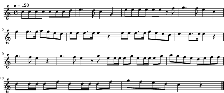 
\relative {
    \set Staff.midiInstrument = #"piano"
	\key c \major
	\time 4/4
	\tempo 4 = 120
    \new Voice \relative c' {
	c'8 c8 c8 c8 c8 c8 c8 d8 e4. d8 c4 g4 e'8 e8 e8 e8 e8 e8 r8 f8 g4. f8 e4 c4 \bar "|" \break
	g'4 g8. g16 a8 g8 f8 e8 f8 f8 f8. f16 f4 r4 f8 f8 f8. f16 g8 f8 e8 d8 e4 e8. e16 e4 r4 \bar "|" \break
	g4. f8 e4 r4 g4. f8 e4 r8 g8 e8 e16 e16 e8 g8 e8 e16 e16 e8 g8 a8 g8 f8 e8 d8 e8 f8 f8 \bar "|" \break
	d8 d16 d16 d8 f8 d8 d16 d16 d8 f8 g8 f8 e8 d8 c4 r4 \bar "|." \break
    }
}
