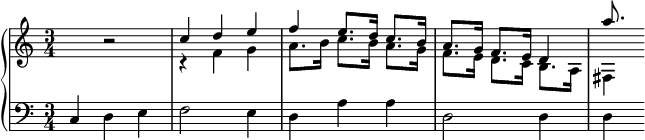 
\version "2.14.2"
\header {
  tagline = ##f
}
upper = \relative c'' {
  \clef treble 
  \key c \major
  \time 3/4
  \tempo 4 = 88
  %\autoBeamOff
  \set Staff.midiInstrument = #"dulcimer"

  s4 r2 
  << {c4 d e f e8. d16 c8. b16 a8. g16 f8. e16 d4 a''8. } \\ { r4 f,4 g a8. b16 c8. b16 a8. g16 f8. e16 d8. c16 b8. a16 fis4 } >> 
}

lower = \relative c {
  \clef bass
  \key c \major
  \time 3/4
  \set Staff.midiInstrument = #"dulcimer"

    c4 d e f2 e4 d a' a  d,2 d4 d
    
}

\score {
  \new PianoStaff <<
    \set PianoStaff.instrumentName = #""
    \new Staff = "upper" \upper
    \new Staff = "lower" \lower
  >>
  \layout {
    \context {
      \Score
      \remove "Metronome_mark_engraver"
    }
  }
  \midi { }
}
