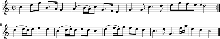 { \time 2/2 \relative c'' { \repeat volta 2 { c4 e8 g b,8. a16 g4 | a( b16 a) c8 g8. f16 e4 | g4. g8 c4. d8 | e8 g f e \grace e4 d2 } d4( e16 d) e8 f4 e | c( d16 e) d8 e[ d] c4 | e( f16 e) g8 f[ e] d4 | c4. e8 g,4. f'16 a | e4 d c2 \bar "||" } }