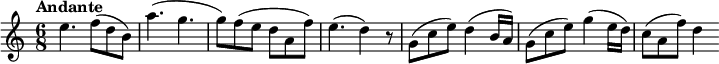  \relative c'' {\set Score.tempoHideNote = ##t \tempo "Andante" 8 = 100 \key c \major \time 6/8 e4. f8( d b) a'4.( g4. g8) f( e d a f') e4.( d4) r8 g,8( c e) d4( b16 a) g8( c e) g4( e16 d) c8( a f') d4} 