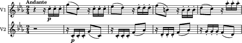 
<<
  \new Staff \with { instrumentName = #"V1 "}  
  \relative c'' {
     \version "2.18.2"
     \key ees \major
     \tempo "Andante"
     \time 2/4
    r4 r16 c16-.\p c-. c-.
   g'8 (c,)  r16 c16-. c-. c-.
   ees8 (d) r16 d16-. d-. d-.
   f8 (b,) r16 b16-. b-. b-.
   d8 (c) r16 aes'16-. aes-. aes-.
  }
  \new Staff \with { instrumentName = #"V2 "}
  \relative c'' {
    \key ees \major
    \time 2/4
    r2 r16 c,16-.\p c-. c-. g'8 (c,)  
   r16 c16-. c-. c-. f8 (aes)
   r16 d,16-. d-. d-. f8 (aes)
   r16 g16-. g-. g-. f8 (d)
  }
>>
