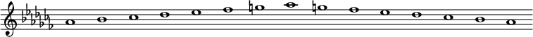 
\new Staff {
  \relative c'' {
    \key as \minor
    \override Staff.TimeSignature #'stencil = ##f
    \override Staff.BarLine #'stencil = ##f
     as1 bes ces des es fes g as g fes es des ces bes as
  }
}
\midi {
  \context {
    \Score
    tempoWholesPerMinute = #(ly:make-moment 120 1)
  }
}
