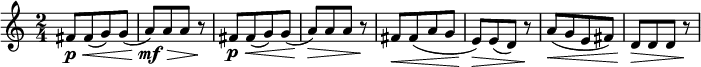 
\relative c' { \new Staff { \key c \major \time 2/4 \numericTimeSignature 
    fis8\p[\< fis( g) g]( | a\mf\>[) a a] r\! | fis8\p[\< fis( g) g]( | a\>[) a a] r\! |
    fis8[\< fis( a g] | e[)\> e( d)] r\! | a'[(\< g e fis)] | d[\> d d] r\! | }}  
