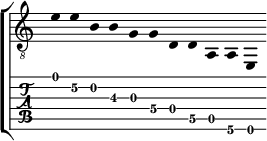 
  \new StaffGroup \with {
    \consists "Instrument_name_engraver"
  } <<
    \new Staff \with {
      midiInstrument = "acoustic guitar (steel)"
     \remove "Time_signature_engraver"
    } { \clef "treble_8" \relative c' {
  \time 13/4
  \hide StringNumber \hide Stem
  e e\2 b b\3 g g\4 d d\5 a a\6 e
} }
    \new TabStaff \with {
      stringTunings = \stringTuning <e, a, d g b e'>
    } \relative c' {
  \time 13/4
  e e\2 b b\3 g g\4 d d\5 a a\6 e
}
  >>
