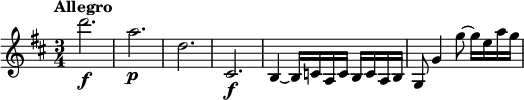 
\relative c''' {
  \version "2.18.2"
  \key d \major
  \time 3/4
  \tempo "Allegro"
  d2.\f | a\p | d, | cis,\f |
  b4~ b16 c a c b c a b |
  g8 g'4 g'8~ g16 e a g |
}
