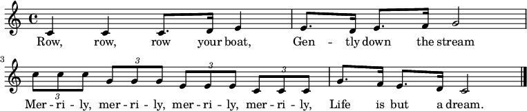 

\new Staff {
\relative c' {
  \key c \major
  \time 4/4
  c4 c c8. d16 e4 e8. d16 e8. f16 g2 \break
\times 2/3 { c8 c c } \times 2/3 { g8 g g } \times 2/3 { e8 e e } \times 2/3 { c8 c c } g'8. f16 e8. d16 c2 \break
\bar "|."
} }
\addlyrics { 
\lyricmode {
    Row, row, row your boat,
    Gen -- tly down the stream
    Mer -- ri -- ly, mer -- ri -- ly, mer -- ri -- ly, mer -- ri -- ly,
    Life is but a dream.
} }

  \midi {
    \context {
      \Score
      tempoWholesPerMinute = #(ly:make-moment 80 4)
    }
  }
