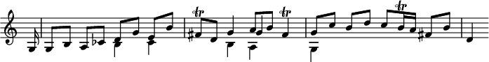 
\version "2.18.2"
\header {
  tagline = ##f
}

\score {
  \new Staff \with {
    \remove "Time_signature_engraver"
    instrumentName = #" "
  }
  \relative c'' {
    \time 2/2
    \tempo 2 = 82
    \clef treble
    \override Rest #'style = #'classical %% CODE CORRECT
    \set Staff.keySignature = #`(((0 . 10) . ,FLAT)
                                ((0 . 3) . ,SHARP)
                                ((0 . 7) . ,SHARP))

    \partial 16 g,16 | g8[ b] a[ ces] << { d[ g] e[ b'] } \\ { b,4 ces } >>
    fis8\trill d << { g4 a8 b fis4\trill } \\ { b,4 a } \\ { s4 g'4 } >>
    << { g8[ c] b[ d] c[ b16\trill a] fis8[ b] } \\ { g,4 } >>
    d'4
 
  }
  \layout {
    \context {
      \Score
      \remove "Metronome_mark_engraver"
    }
  }
  \midi {}
}
