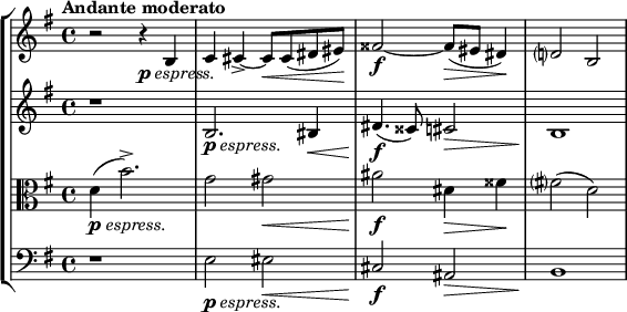 
\new StaffGroup <<
 \new Staff { \relative g { \key g \major \time 4/4 \tempo  "Andante moderato"
  r2 r4_\markup{ \dynamic p \italic { espress.} } b | c cis->~ cis8\< cis( dis eis\!) | fisis2\f~ fisis8\>( eis dis4\!) | d?2 b2 } }
 \new Staff { \relative g { \key g \major \time 4/4
  r1 | b2._\markup{ \dynamic p \italic { espress.} } bis4\< | dis4.\!\f( cisis8) cis2\> | b1\!} }
 \new Staff { \relative g' { \key g \major \time 4/4 \clef alto 
  d4_\markup{ \dynamic p \italic { espress.} }( b'2.->) | g2 gis2\< | ais2\!\f dis,4\> fisis\! | fis?2( d) } }
 \new Staff { \relative g { \key g \major \time 4/4 \clef bass
  r1 | e2_\markup{ \dynamic p \italic { espress.} } eis\< | cis\!\f ais\> | b1\!} }
>>

