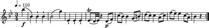 
\relative c'' {
  \key bes \major
  \time 3/4
  \tempo 4 = 110
  \tempo "Menuetto"
  \partial4 bes'4\f (bes,) bes-! bes-! bes2 (g'4)
  ees,-! ees-! ees-!
  ees8.\trill (d32 ees) r4 d8\p (f)
  c' (bes) bes4 g8 (b)
  d (c) c4 a8 (c)
  f (ees) ees4 c8 (a)
  bes4 r4 \bar ":|."
}
