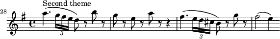 
\layout { \set Score.tempoHideNote = ##t line-width = 14\cm }
\relative c''' { 
  \set Staff.midiInstrument = #"string ensemble 1"
  \tempo 4 = 148
  \key g \major
  \time 4/4
  \override Score.BarNumber.break-visibility = ##(#f #f #t)
  \set Score.currentBarNumber = #28 \bar ""
  a4.^"Second theme" (\tuplet 3/2 { g16 fis e } d8) r b' r | g r e r a r r4 | fis4. (\tuplet 3/2 { e16 d cis } b8) r g' r | fis2 (e4)
}
