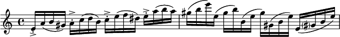 
   \relative c' { 
      e16-.->a(b gis)a-.->c(d b)c-.->e(f dis)e-.->a(b a)
      gis(b e)e,(gis b)b,(e gis)gis,(b e)e,(gis? b e)
   }
