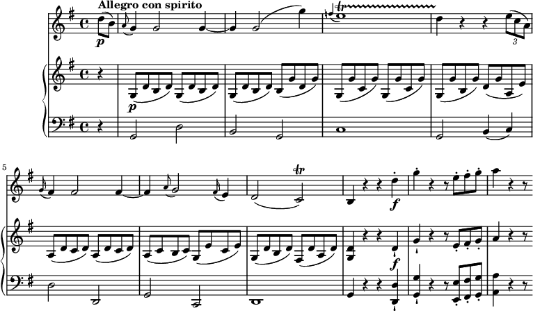 
\version "2.18.2"
\header {
  tagline = ##f
}
upper = \relative c'' {
                 \key g \major
                 \time 4/4
                 \tempo 4 = 140
                 \set Staff.midiMinimumVolume = #0.2 \set Staff.midiMaximumVolume = #0.5
               \partial 4 r4 g,8\p (d' b d)  \repeat unfold 2 { g, (d' b d)}
               b (g' d g) g, ( g' c, g') g, ( g' c, g') g, ( g' b, g') d ( g a, e')
               a, ( d c d) a ( d c d) a (c b c) g ( e' c e) g, ( d' b d) fis, ( d' a d) 
               <g, d'>4 r r d'-!\f g-! r r8 e-. fis-. g-. a4 r r8
            }
lower =      \relative c {
                \clef bass 
                \key g \major
                \time 4/4       
           \partial 4  r4 g2 d' b g c1 g2 b4 (c)
           d2 d, g c, d1  g4 r r <d-! d'> <g-! g'> r r8 <e-. e'> <fis-. fis'> <g-. g'> <a a'>4 r r8
             }
 vl = \relative c'' {
              \key g \major
              \time 4/4
           \partial 4 d8\p ^ \markup {\bold {"Allegro con spirito"} } (b)
           \grace a8 (g4) g2 g4 ~ g g2 (g'4)
           \grace f4 (e1)\startTrillSpan  d4 \stopTrillSpan r r \tuplet 3/2 {e8 (c a)}
           \grace g16 (fis4) fis2 fis4 ~ fis \grace a8 (g2) \grace fis16 (e4) d2 (c \trill)
           b4 r r d'-.\f g-. r r8 e-. fis-. g-. a4 r r8
                 }            
\score {
    \new GrandStaff <<
      \new PianoStaff <<  
        \new Staff = "upper" \upper
        \new Staff = "lower" \lower
    >>
   \new Staff = "vl" \vl
    >>
    
    \layout {
    \context {
      \Score
      \remove "Metronome_mark_engraver"
    }
  }
  \midi { }
}
