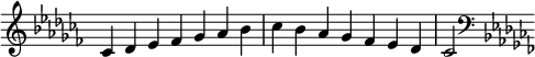   {
\override Score.TimeSignature #'stencil = ##f
\relative c' {
  \clef treble \key ces \major \time 7/4 ces4 des es fes ges aes bes ces bes aes ges fes es des ces2
  \clef bass \key ces \major
} }
