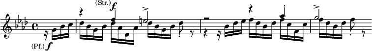 {\time 4/4 \key f \minor \partial 4 <<\relative c'' {s4 r4 f-.^\f^\markup{\right-align \smaller (Str.)} e2-> r2 r4 as-. g2->} \\ \relative c'' {r16_\markup{\right-align {\smaller (Pf.) \dynamic f}} g bes c | des bes g bes des as des, as' des bes g bes des8-. r8 r4 r16 bes des es f des bes des f c f, c' f des bes des f8-. r}>>}