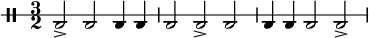 {
  \new DrumStaff \with{
    drumStyleTable = #percussion-style
    \override StaffSymbol.line-count = #1
  } \drummode { \time 3/2 bd2-> bd bd4 bd bd2 bd-> bd bd4 bd bd2 bd-> }
}