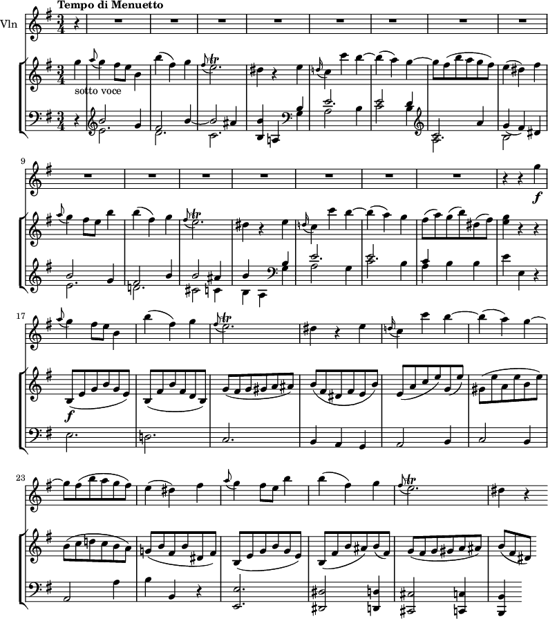 
\new GrandStaff <<
    \new StaffGroup <<
      \new Staff {
        \version "2.18.2"
         \tempo  "Tempo di Menuetto"
        \clef treble
        \key g \major
       \time 3/4
       \tempo 4 = 120

     \relative c'' {
                \partial4 g'4_ \markup {sotto voce}
                  \grace a8 (g4) fis8 e b4
                  b' (fis) g
                  \grace fis8 (e2.) \trill
                  dis4 r4 e
                   \grace d!16 (c4) c' b~
                   b (a) g~
                   g8 fis (b a g fis)
                   e4 (dis) fis
                   \grace a8 (g4) fis8 e b'4
                   b (fis) g
                   \grace fis8 (e2.) \trill
                  dis4 r4 e
                  \grace d!16 (c4) c' b~
                   b (a) g
                   fis8 (a) g (b) dis, (fis)
                   < g e>4 r4 r
                   b,,8\f (e g b g e)
                   b (fis' b fis d b)
                   g' (fis g gis a ais)
                   b (fis dis fis e b')
                   e, (a c e) g, (e')
                   gis, (e' a, e' b e)
                   b (c d! c b a)
                   g! (b fis b dis, fis)
                   b, (e g b g e)
                   b (fis' b ais) b (fis)
                   g (fis g gis a ais)
                   b [(fis dis)]
            }
      }
      \new Staff {
                 \clef bass
                  \key g \major
                  \time 3/4

      \relative c'' {
            \partial4 r4
            \clef treble <<{\stemDown e,2. d2. c2. \stemUp b4} \\ {\stemUp b'2 g4 fis2 b4 ~ b2 ais4 b4 }>> a,!4
            \clef bass  <<{\stemDown g a2 b4 c2 b4 } \\ {\stemUp b e2. e2 d4}>>
            \clef treble <<{\stemDown a2. b2 s4 e2. d!2. cis2 c4 b a} \\ {\stemUp c2 a'4 g (fis) dis b'2 g4 fis2 b4 b2 ais4 b s }>>
            \clef bass  <<{\stemDown g, a2 g4 c2 b4 a} \\ {\stemUp b4 e2. e2. c4} >> b b e e, r
            e2. d! c b4 a g a2 b4
            c2 b4
            a2 a'4
            b b, r4
            <e, e'>2.
            < dis dis'>2 <d! d'!>4
            <cis cis'> 2 <c c'>4
            <b b'>
             }
      }
>>
    \new Staff { \set Staff.instrumentName = "Vln"
           \relative c'' {
              \key g \major
              \time 3/4

 
            \partial4 r4 s4  \repeat unfold 11 {R1}
            r4 r g' \f
            \grace a8 (g4) fis8 e b4
                  b' (fis) g
                  \grace fis8 (e2.) \trill
                  dis4 r4 e
                   \grace d!16 (c4) c' b~
                   b (a) g~
                   g8 fis (b a g fis)
                   e4 (dis) fis
                   \grace a8 (g4) fis8 e b'4
                   b (fis) g
                   \grace fis8 (e2.) \trill
                   dis4 r
                 }
           }
>>
