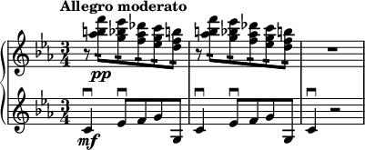 
\relative c''' {
  \new PianoStaff <<
    \new Staff {
      \set Staff.midiInstrument = #"piano" \key c \minor \clef treble \time 3/4 \set Score.tempoHideNote = ##t \tempo "Allegro moderato" 4 = 120
      r8 <as b f'>8:16 \pp <g bes es>8:16 <f as des>8:16 <es g c>8:16 <d f b>8:16 |
      r8 <as' b f'>8:16 <g bes es>8:16 <f as des>8:16 <es g c>8:16 <d f b>8:16 |
      R2. |
    }
    \new Staff {
      \clef treble \key c \minor
      c,4 \downbow \mf es8 \downbow f8 g8 g,8 |
      c4 \downbow es8 \downbow f8 g8 g,8 |
      c4 \downbow r2 |
    }
  >>
}
