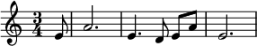 
\relative c' { 
  \once \omit Score.MetronomeMark \tempo 2. = 66
  \set Staff.midiInstrument = #"french horn"
  \key c \major
  \time 3/4
  \partial8 e8 a2. e4. \autoBeamOff d8 \autoBeamOn e a e2.
}
