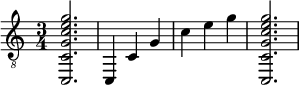  {
\clef "treble_8"
\time 3/4
<c, c g c' e' g'>2.
<c, >4
<c >4
<g  >4
<c' >4
<e' >4
<g' >4
<c, c g c' e' g'>2.
}
