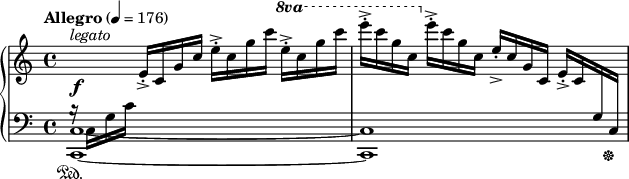 
\new PianoStaff <<
\new Staff = "Up" <<
\new Voice \relative c' {
s^\markup{\italic legato} \f
}
\new Voice \relative c' {
\clef treble
\tempo "Allegro" 4=176
\key c \major
\time 4/4
\change Staff = "Down"
b16 \rest \sustainOn c, g' c
\change Staff = "Up"
e->-. c g' c e->-. c g' c
\ottava #1
\set Staff.ottavation = #"8va"
e->-. c g' c e->-. c g c,
\ottava #0
e->-. c g c, e->-. c g c, e->-. c
\change Staff = "Down"
g c, \sustainOff
}>>
\new Staff = "Down" \relative c{
\clef bass
\time 4/4
\key c \major
\tieDown
<c c,>1~<c c,>
}
>>
