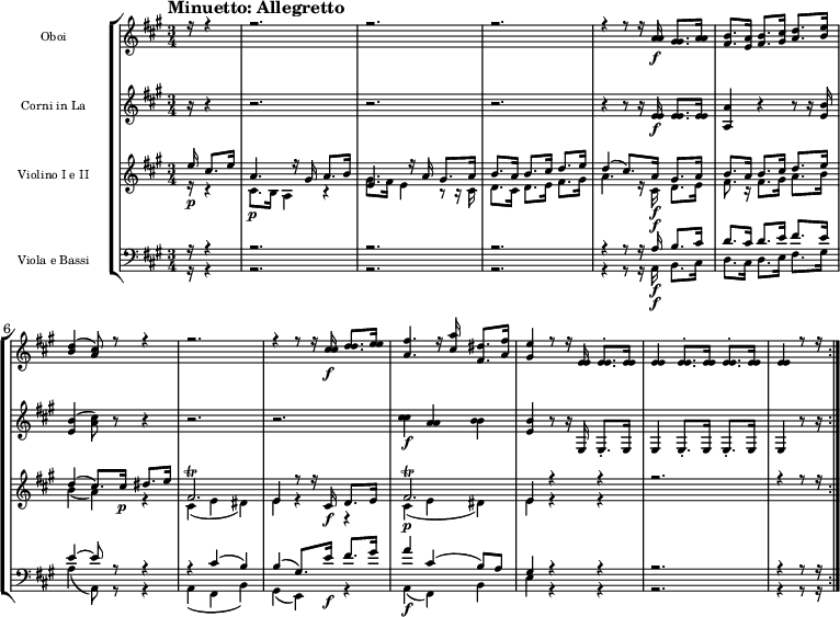 
{
\new StaffGroup << 
\new Staff \with {\magnifyStaff #5/7 } <<
\new Voice \relative c'' {\set Staff.instrumentName = Oboi \voiceOne \set Staff.midiInstrument = oboe \tempo "Minuetto: Allegretto" \tempo 4 = 125 \clef treble \key a \major \time 3/4 \partial 16*5
r16 r4
r2.
r2.
r2.
r4 r8 r16 <a a>16\f <gis gis>8. <a a>16
<fis b>8. <e a>16 <fis b>8. <gis cis>16 <a d>8. <b e>16
<b d>4 (<a cis>8) r r4
r2.
r4 r8 r16 <cis cis>16\f <d d>8. <e e>16
<a, fis'>4. r16 <cis a'>16 <fis, dis'>8. <a fis'>16
<gis e'>4 r8 r16 <e e>16 <e e>8.-. <e e>16
<e e>4 <e e>8.-. <e e>16 <e e>8.-. <e e>16
<e e>4 r8 r16 \bar ":|."
}  
  >>
\new Staff \with {\magnifyStaff #5/7 } <<
\new Voice \relative c' {\set Staff.instrumentName = "Corni in La" \set Staff.midiInstrument = "french horn" \clef treble \key a \major \time 3/4
r16 r4
r2.
r2.
r2.
r4 r8 r16 <e e>16\f <e e>8. <e e>16
<a, a'>4 r r8 r16 <e' b'>16
<e b'>4 (<a cis>8) r8 r4
r2.
r2.
<cis cis>4\f <a a> <b b>
<e, b'> r8 r16
e,16 e8.-. e16 
e4 e8.-. e16 e8.-. e16
e4 r8 r16
}  
  >>
\new Staff \with {\magnifyStaff #5/7 } << 
\new Voice \relative c'' {\set Staff.instrumentName = "Violino I e II" \voiceOne \set Staff.midiInstrument = violin \clef treble \key a \major \time 3/4
e16\p cis8. e16
a,4. r16 gis16 a8. b16
e,4. r16 a16 gis8. a16
b8. a16 b8. cis16 d8. e16
d4 (cis8.) a16\f gis8. a16
b8. a16 b8. cis16 d8. e16
d4 (cis8.) cis16\p dis8. e16
fis,2. \trill
e4 r8 r16 cis16\f d8. e16
fis2. \trill
e4 r r
r2.
r4 r8 r16

}  
\new Voice \relative c' {\voiceTwo \set Staff.midiInstrument = violin \clef treble \key a \major \time 3/4
r16 r4
cis8.\p b16
a4 r
gis'8. fis16 e4 r8 r16 cis16
d8. cis16 d8. e16 fis8. gis16
a4. r16 cis,16\f d8. e16
fis8. r16 fis8. gis16 a8. b16
b4 (a) r
cis, (e dis)
e r r
cis\p (e dis)
e r r
}  
  >>
\new Staff \with {\magnifyStaff #5/7 } << 
\new Voice \relative c' {\set Staff.instrumentName = "Viola e Bassi" \voiceOne \set Staff.midiInstrument = cello \clef bass \key a \major \time 3/4
r16 r4
r2.
r2.
r2.
r4 r8 r16 a16\f b8. cis16
d8. cis16 d8. e16 fis8. e16
e4~ e8 r8 r4
r4 cis4 (b)
b (gis8.) e'16\f fis8. gis16 
a4 cis, (b8) a
gis4 r r
r2.
r4 r8 r16
}  
\new Voice \relative c {\voiceTwo \set Staff.midiInstrument = cello \clef bass \key a \major \time 3/4
r16 r4
r2.
r2.
r2.
r4 r8 r16 a16\f b8. cis16
d8. cis16 d8. e16 fis8. gis16
a4 (a,8) r8 r4
a4 (fis b)
gis (e) r
a\f (fis) b
e r r
r2.
r4 r8 r16
}
>> >> }
\layout { indent = 2.5\cm }
