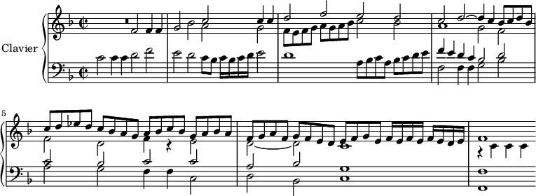 
\version "2.18.2"
\header {
  tagline = ##f
}
upper = \relative c' {
  \clef treble 
  \key f \major
  \time 4/2
  \set Staff.timeSignatureFraction = 2/2
  \tempo 2 = 80
  \tempo "Andante mosso"
    \set Staff.midiInstrument = #"church organ"

   %%% Canzona ariosa
   R1 f2 f4 f g2 bes
   << { c2 c4 c d2 f e d c d~ d4 c bes8 c d bes c d ees d c bes a g | a bes c bes g a bes a | f g a f g f e d  | e f g e f16 e f e f e d e | f1 } \\ { a2 g f8 e f g a g a bes c2 bes a1 g2 f f d f4 r4 e2 d~ d c1 r4 c4 c c } >>
}

lower = \relative c' {
  \clef bass
  \key f \major
  \time 4/2
  \set Staff.timeSignatureFraction = 2/2
    \set Staff.midiInstrument = #"church organ"

  c2 c4 c d2 f e d c8 bes c16 bes c d e2 d1
  a8 bes c a bes c d e 
  << { f4 e d c bes2 d c bes c c a bes g1 f1 } \\ { f2 f4 f g2 bes a g f4 f c2 d bes c1 f,1~ } >> 

} 

\score {
  \new PianoStaff <<
    \set PianoStaff.instrumentName = #"Clavier"
    \new Staff = "upper" \upper
    \new Staff = "lower" \lower
  >>
  \layout {
    \context {
      \Score
      \remove "Metronome_mark_engraver"
      \override SpacingSpanner.common-shortest-duration = #(ly:make-moment 1/2)
    }
  }
  \midi { }
}
