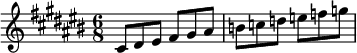 
 \relative c' {
   \key cis \major
   \time 6/8
% Notes with -is suffixes indicating sharps
   cis8 dis eis fis gis ais
% Notes without accidentals (naturals)
   b c d e f g
  }
