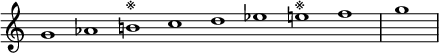 
\relative c'' {  
   \new Staff \with { \remove "Time_signature_engraver" }  
   { \key a \minor \time 1/1 \cadenzaOn g1 aes b!^\markup{※} c d ees e!^\markup{※} f \bar "|" g \bar"|"}
   }
