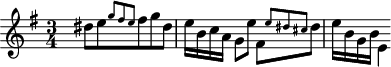 
\version "2.18.2"
\header {
  tagline = ##f
}

\score {
  \new Staff \with {

  }
<<
  \relative c' {
    \clef treble
    \key g \major
    \time 3/4
    \tempo 4 = 72
    \set Staff.midiInstrument = #"harpsichord" 
    \set Score.currentBarNumber = #26

     %% Prélude du CBT, BWV 884, sol majeur
     s8 dis'[ e \grace { \omit TupletNumber \times 2/3 { g8 fis e } } fis8 g dis] e16 b c a g8 e' \stemDown fis,[ \grace { \stemUp \omit TupletNumber \times 2/3 { e'8 dis cis } } \stemDown dis8] e16 b g b e,4~

  }
>>
  \layout {
     \context { \Score \remove "Metronome_mark_engraver" 
     \override SpacingSpanner.common-shortest-duration = #(ly:make-moment 2/3)
}
  }
  \midi {} 
}
