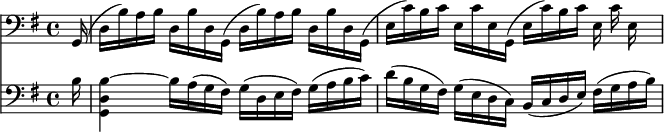 
<<
  \new Staff \relative g, {
    \clef bass
    \key g \major
    \repeat unfold 2 { g16( d' b') a b d, b' d, } |
    \repeat unfold 2 { g,16( e' c') b c e, c' e, } |
  }
  \new Staff \relative b {
    \clef bass
    \key g \major
    \partial 16 b16 |
    <g, d' b'~>4 b'16 a( g fis) g( d e fis) g( a b c) |
    d16( b g fis) g( e d c) b(c d e) fis( g a b) |
  }
>>
