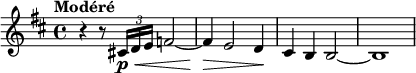  {
    \set Staff.midiInstrument = #"english horn"
    \relative c' {
        \set Score.currentBarNumber = #5
        \key d\major
        \time 4/4
        \tempo Modéré
        \override DynamicLineSpanner.staff-padding = #2
        r4 r8 \tuplet 3/2 { cis!16\p\< d e } f2~
        f4\> e2 d4\!
        cis4 b b2~
        b1
    }
}
