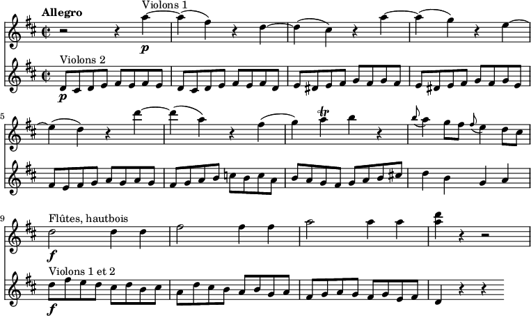 
<<
  \new Staff 
     \relative c'' { 
         \version "2.18.2"
         \clef "treble" 
         \tempo "Allegro" 
         \key d \major
         \time 2/2
         
              r2 r4 a'4\p ^\markup{Violons 1} ~
              a (fis) r4 d ~
              d (cis) r4 a' ~
              a (g) r4 e ~
              e (d) r4 d' ~
              d (a) r4 fis 
              (g) a\trill b r4
              \grace b8 (a4) g8 fis  \grace fis8 (e4) d8 cis
              d2\f^\markup{Flûtes, hautbois}  d4  d
               fis2 fis4 fis
              a2 a4 a
              <a d> r4 r2
}
\new Staff
\relative c'' {
         \clef "treble" 
         \tempo "Andante" 
         \key d \major
         \time 2/2
          d,8\p^\markup{Violons 2} cis d e fis e fis e
          d8 cis d e fis e fis d
          e dis e fis g fis g fis
          e dis e fis g fis g e
          fis e fis g a g a g
          fis g a b c b c a
          b a g fis g a b cis!
          d4 b g a
          d8\f^\markup{Violons 1 et 2} fis e d cis d b cis
          a d cis b a b g a
          fis g a g fis g e fis
          d4 r4 r4
 }
>>
