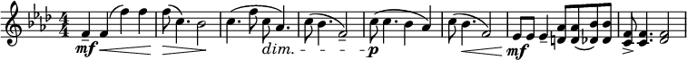 
\relative c' {  
  \new Staff { \key f \minor  \numericTimeSignature \time 4/4
     f4-\mf-- f(\< f') f | f8(\> c4.) bes2\! | c4.( f8 c8-\dim aes4.) | c8( bes4. f2--) |
     c'8(-\p c4. bes4 aes) | c8( bes4.\< f2) | ees8-\mf ees ees4-- <aes d,>8 <aes d,>( <bes des,>) <bes des,> | <f c>8-> <f c>4. <f des>2 |}}
