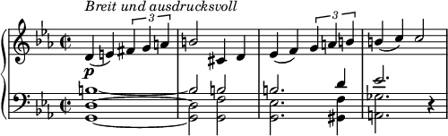 
{ \new PianoStaff <<
\new Staff { \set Staff.midiInstrument = #"piano" \key c \minor \clef treble \time 2/2 \set Score.tempoHideNote = ##t \stemUp \tempo 2 = 55
         <> \p<> ^\markup \italic {"Breit und ausdrucksvoll" } d'4( e') \tuplet 3/2 { fis' g' a' }
         b'2 cis'4 d'
         ees'( f') \tuplet 3/2 { g' a' b' }
         b'( c'') c''2 }
  \new Staff <<
    \new Voice \relative c' { \stemUp \clef bass \key c \minor \time 2/2
    b1~ 
    b2 b2
    b2. d4
    ees2. r4 }
    \new Voice \relative c { \stemDown
    <g d'>1~
    <g d'>2 <g f'>2
    <g ees'>2. <gis f'>4
    <a ges'>2. r4 }
>>  >> }
