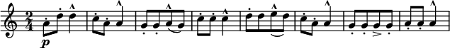 
\relative c'' {  
  \new Staff  
   { \key c \major  \time 2/4
    a8-.\p d-. d4^^ | c8-. a-. a4^^ | [ g8-. g-. a^^( g)] |  c-. c-. c4^^|
   [ d8-. d e^^_( d)]  | c-. a-. a4^^ | [ g8-. g-. g-> g-. ] | a-. a-. a4^^| 
   }}
