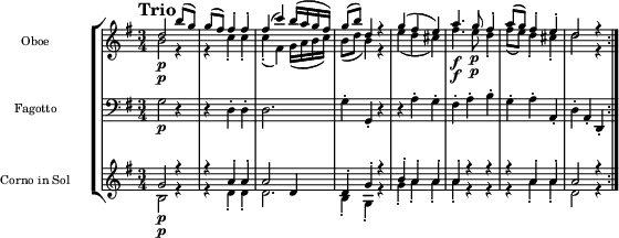 
{
\new StaffGroup << 
\new Staff \with { \magnifyStaff #5/7 } << 
\new Voice \relative c'' {\voiceOne \set Staff.instrumentName = Oboe \set Staff.midiInstrument = oboe \tempo "Trio" \tempo 4 = 130 \clef treble \key g \major \time 3/4
d2\p b'8 (g)
g (fis) fis4-. fis-.
fis (c') b16 (a g fis)
g8 (b) d,4 r
g (fis e)
a4.\f g8\p fis4-.
a8 (g) fis4-. e-.
d2 r4 \bar ":|."
}  
\new Voice \relative c'' {\voiceTwo \set Staff.instrumentName = Oboe \set Staff.midiInstrument = oboe \clef treble \key g \major \time 3/4
b2\p r4
r c-. c-.
c-. (fis,) g16 (a b c)
b8 (d b4) r
e (d cis)
fis4.\f e8\p d4-.
fis8 (e) d4-. cis-.
d2 r4
}
  >>
\new Staff \with { \magnifyStaff #5/7 } << 
\new Voice \relative c {\set Staff.instrumentName = Fagotto \set Staff.midiInstrument = bassoon \clef bass \key g \major \time 3/4
g'2\p r4
r d-. d-.
d2.
g4-. g,-. r
r a'-. g-.
fis-. a-. b-.
g-. a-. a,-.
d-. a-. d,-.
} 
  >>
\new Staff \with { \magnifyStaff #5/7 } <<
\new Voice \relative c' {\voiceOne \set Staff.instrumentName = "Corno in Sol" \set Staff.midiInstrument = "french horn" \clef treble \key g \major \time 3/4
g'2\p r4
r a-. a-.
a2 d,4
d-. g-. r 
b-. a-. a-.
a-. r r
r a-. a-.
a2 r4
}
\new Voice \relative c' {\voiceTwo \set Staff.instrumentName = "Corno in Sol" \set Staff.midiInstrument = "french horn" \clef treble \key g \major \time 3/4
b2\p r4
r d-. d-.
d2.
b4-. g-. r
g'-. a-. a-.
a-. r r
r a-. a-.
d,2 r4
}
>> >> }
\layout { indent = 2.5\cm }
