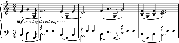 
 \relative c' {
  \new PianoStaff <<
   \new Staff { \key c \major \time 3/4 
\relative c' {e4(_\markup {\center-align \dynamic mf \italic {ben legato ed espress.}} g4. g,8 f'2.) e4( g, e' d2.) f4( a4. g,8 g'2.) <f b,>4( g, <b f'> <e c>2.) }
  }
   \new Staff { \key c \major \time 3/4 \clef bass
\relative c {
<<
{s2. r4 g'4 g s2. r4 g g s2. r4 g g s2. r4 g g}
\\
{\stemNeutral c,4( e4. g,8 d'2.) c4( g c \once \stemDown b2.) d4( f4. g,8 e'2.) d4( g, d' \once \stemDown c2.)}
>>
   }}
  >>
 }
